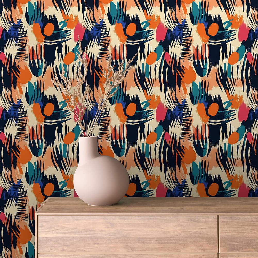 Fiesta Brushstroke abstract wallpaper ABSTRACT 0002 – room view with navy, coral pink, orange, teal and cobalt pattern