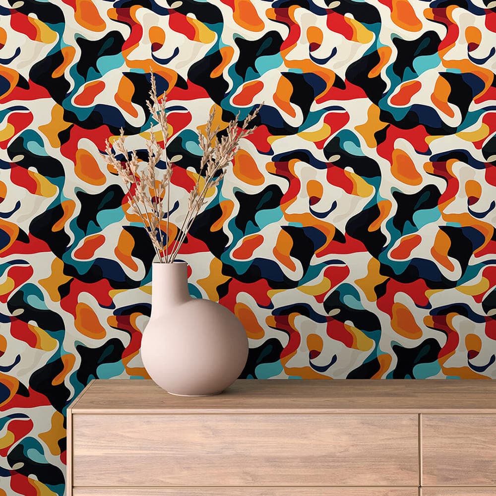 Liquid Colour Flow abstract wallpaper ABSTRACT 0008 – room view with red, orange, teal, navy and cream pattern