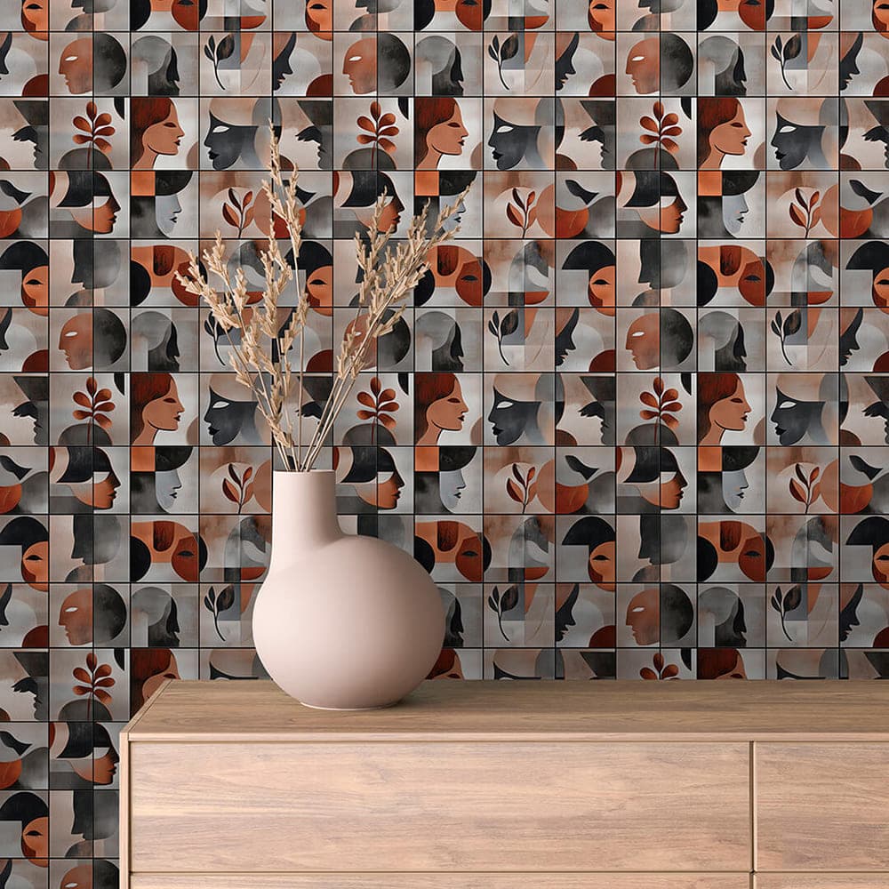 Terracotta Muse Tile abstract wallpaper ABSTRACT 0009 – room view with terracotta, charcoal grey and warm taupe pattern