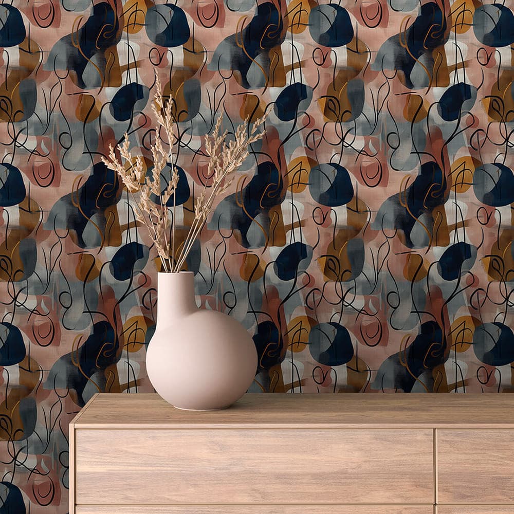 Blush Loop Abstract abstract wallpaper ABSTRACT 0014 – room view with blush pink, navy, ochre and slate grey pattern
