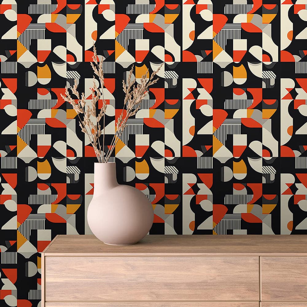 Retro Modernist Mosaic abstract wallpaper ABSTRACT 0016 – room view with black, rust red, mustard, cream and grey pattern