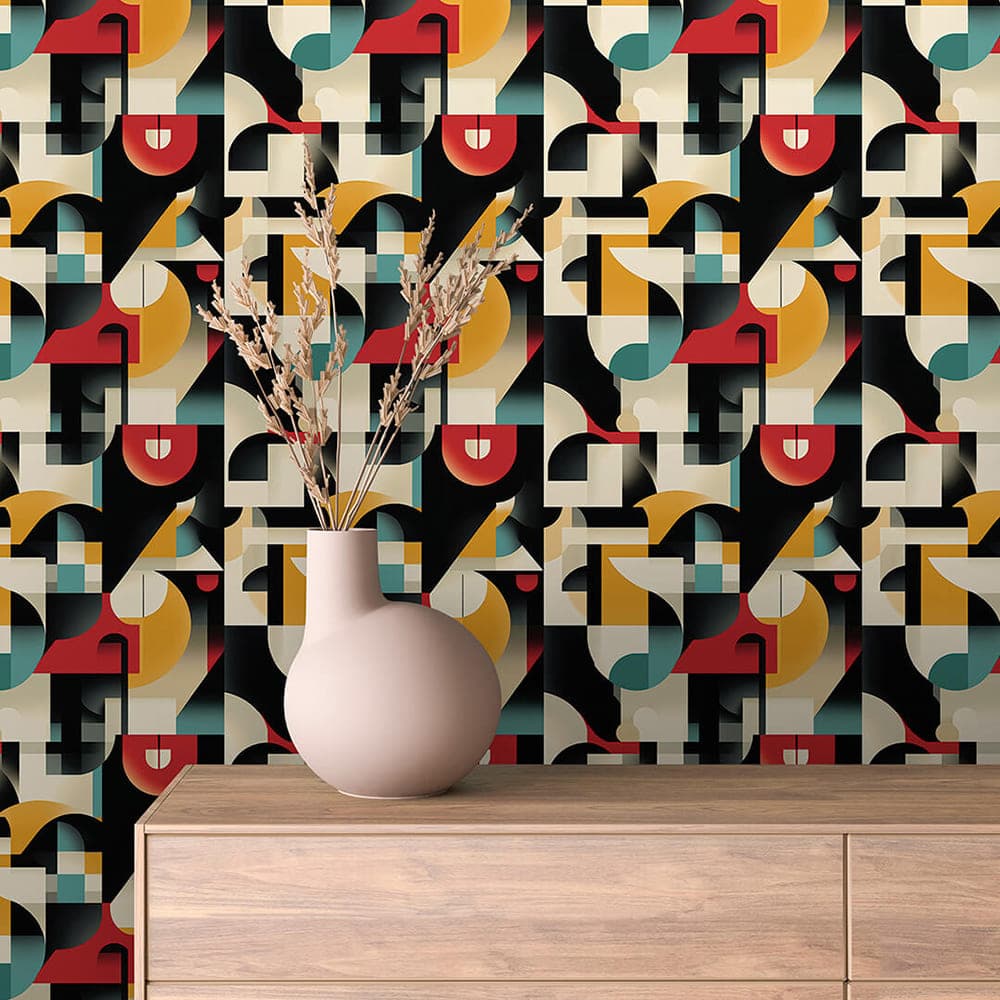 Midnight Bauhaus Collage abstract wallpaper ABSTRACT 0019 – room view with black, red, mustard, teal and cream pattern