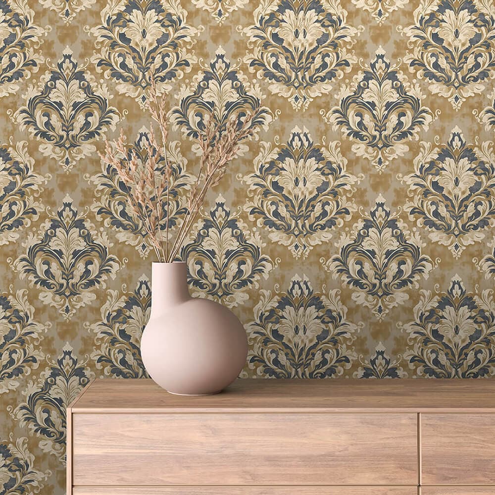 Taupe and Ivory Classic Damask Wallpaper - ARABESQUE 0006