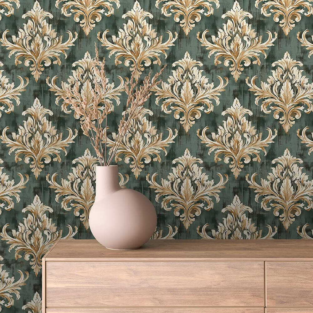 Deep Green and Ivory Vintage Damask Wallpaper - ARABESQUE 0025