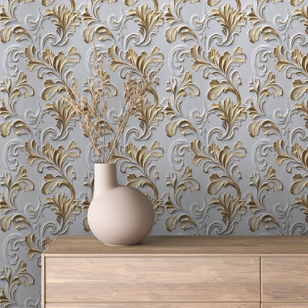 White and Gold Ornamental Relief Wallpaper - ARABESQUE 0033