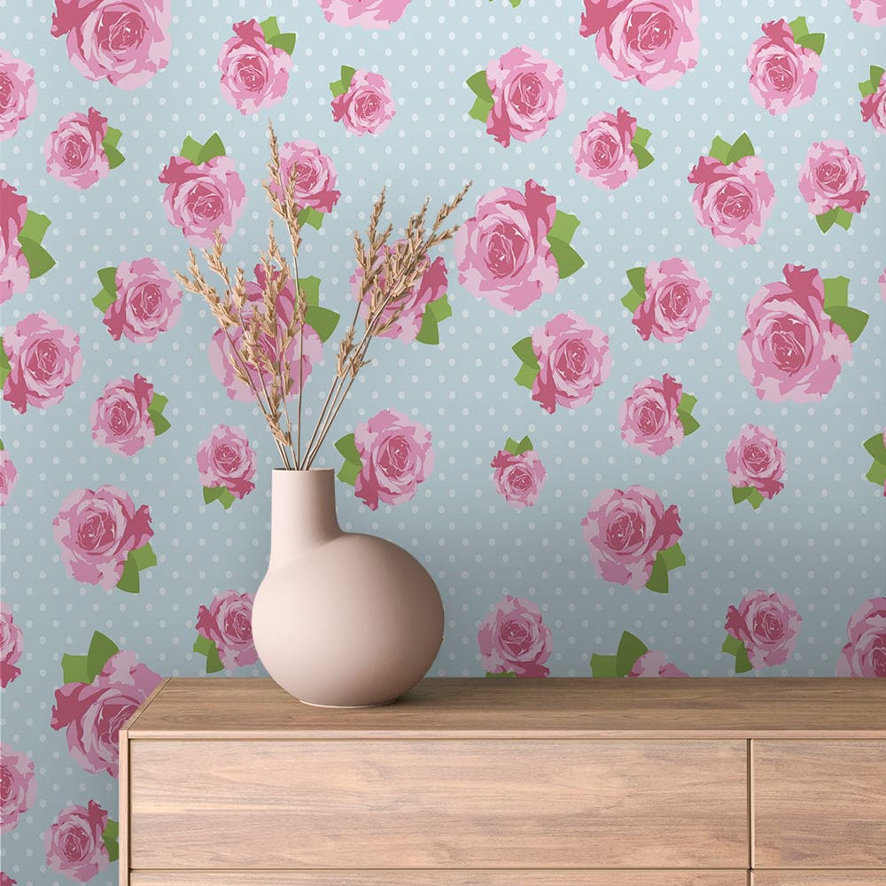 Powder Blue Polka Rose Floral Wallpaper – FLORAL 0018
