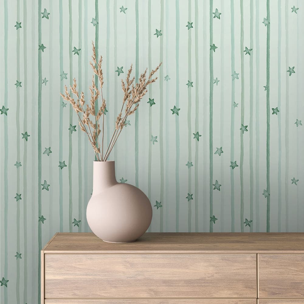 Mint Green Stripes and Stars Kids Wallpaper - INFANTILE 1386