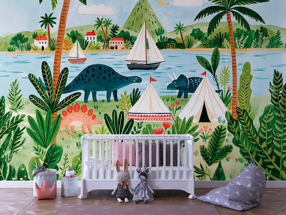 Dinosaur Camping by the Lake Kids Wallpaper Mural - INFANTILE 1394