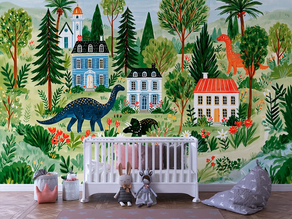 Dinosaur Forest Cottage Kids Wallpaper Mural - INFANTILE 1396