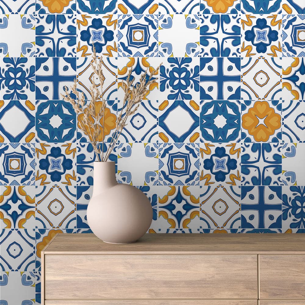 Cobalt Marigold Patchwork Tile wallpaper TILE 0013 – room view