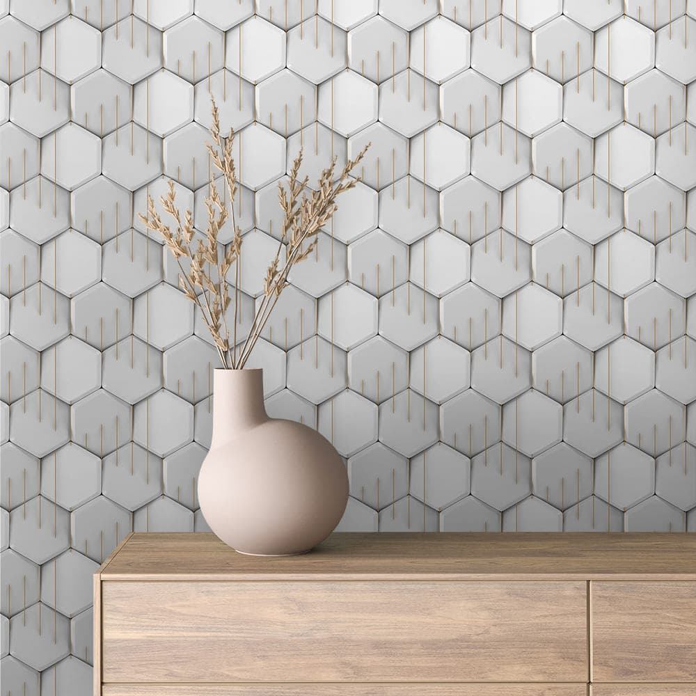 White Hexagon with Gold Lines 3D Wallpaper - 3D 0059