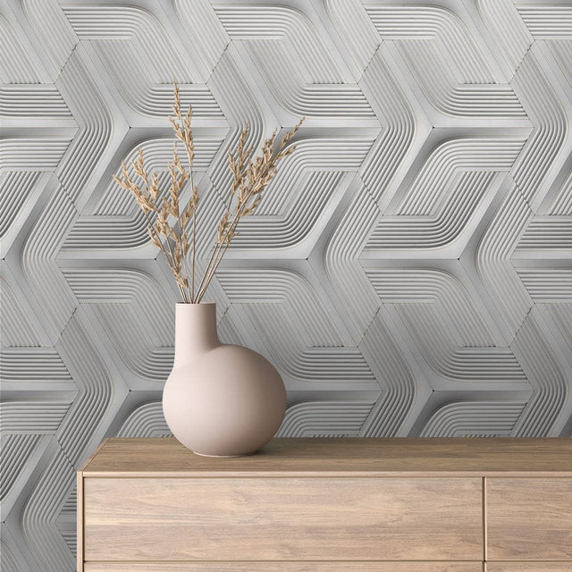 White and Grey Interlocking Geometric 3D Wallpaper - 3D 0062