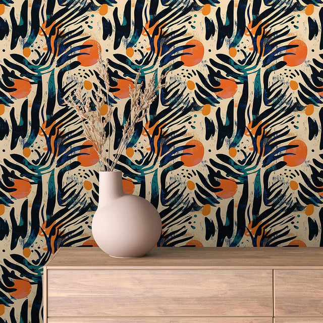 Midnight Palm Sun abstract wallpaper ABSTRACT 0001 – room view with navy, teal, burnt orange and cream pattern