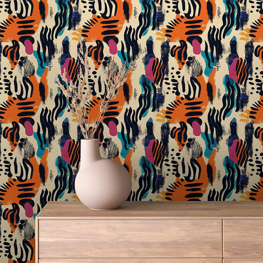 Tribal Rhythm abstract wallpaper ABSTRACT 0003 – room view with orange, navy, magenta and teal pattern