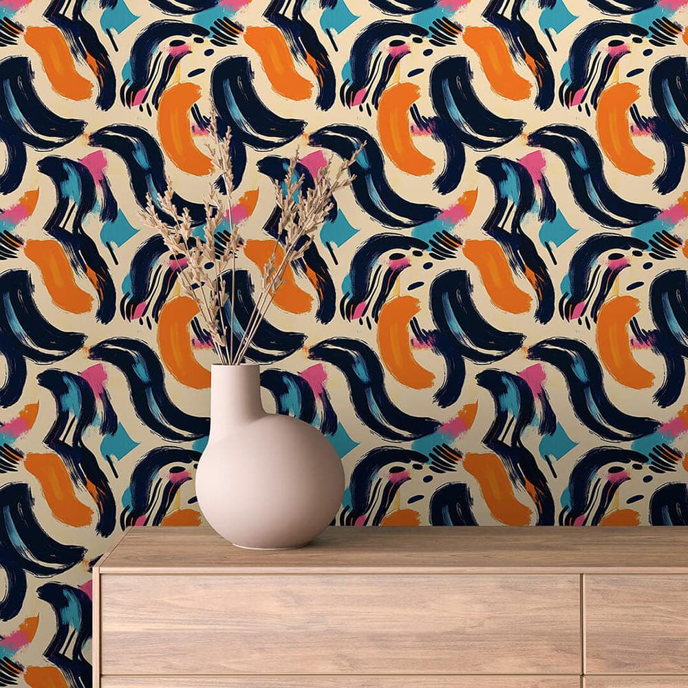 Indigo Wave Swirl abstract wallpaper ABSTRACT 0004 – room view with deep navy, orange, sky blue and pink pattern
