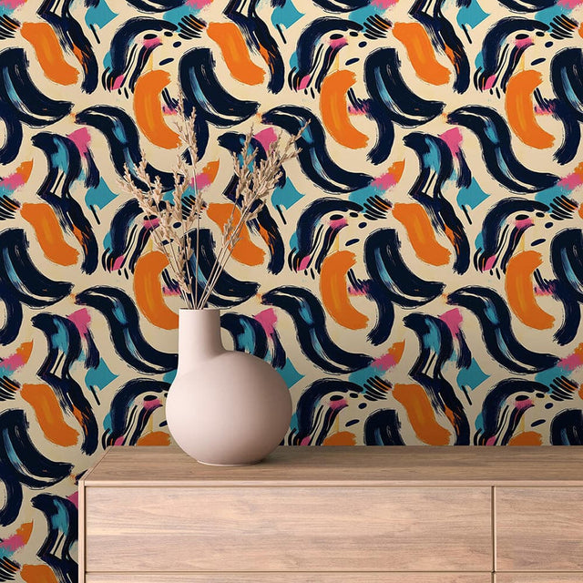 Indigo Wave Swirl abstract wallpaper ABSTRACT 0004 – room view with deep navy, orange, sky blue and pink pattern