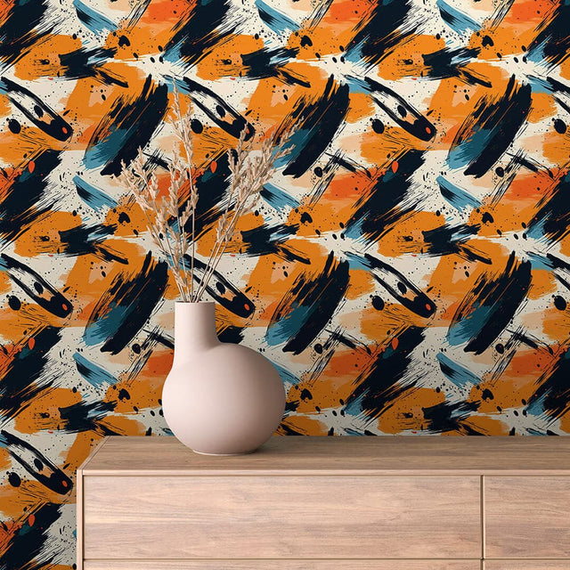 Amber Splatter abstract wallpaper ABSTRACT 0005 – room view with amber orange, deep navy, steel blue and ivory pattern