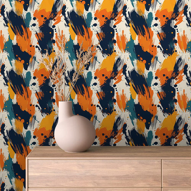 Golden Hour Strokes abstract wallpaper ABSTRACT 0006 – room view with mustard yellow, orange, navy and teal pattern