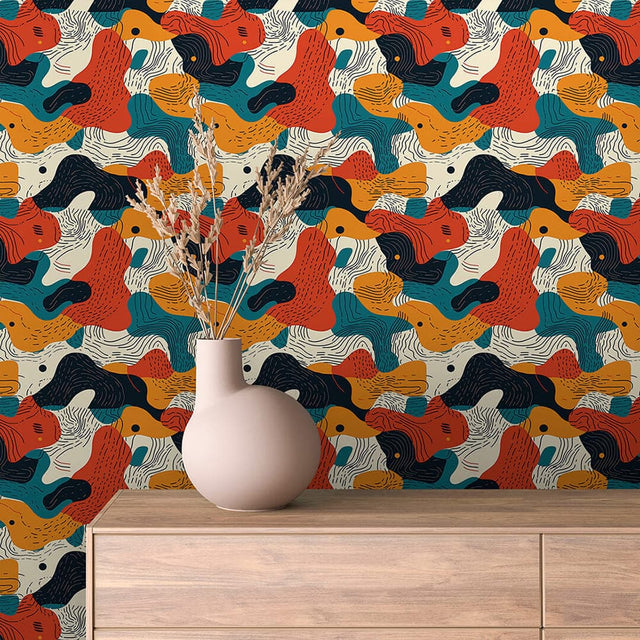 Retro Organic Blobs abstract wallpaper ABSTRACT 0007 – room view with rust red, mustard, teal and navy pattern