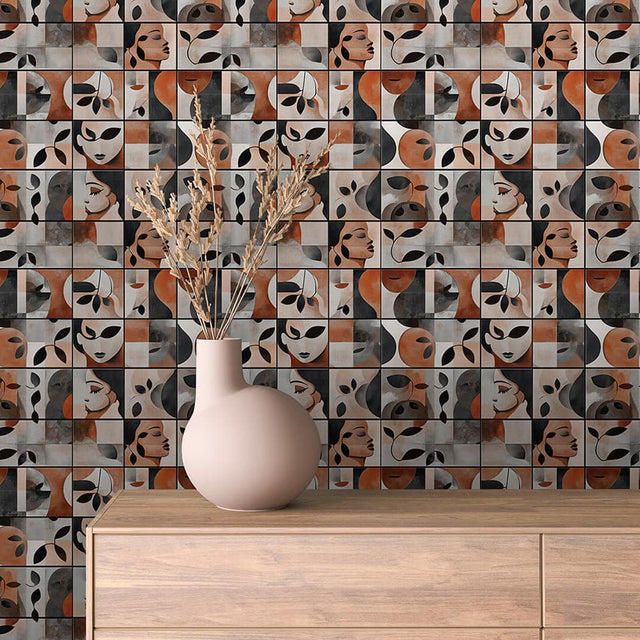 Serene Muse Tile abstract wallpaper ABSTRACT 0010 – room view with terracotta, black, grey and blush pattern