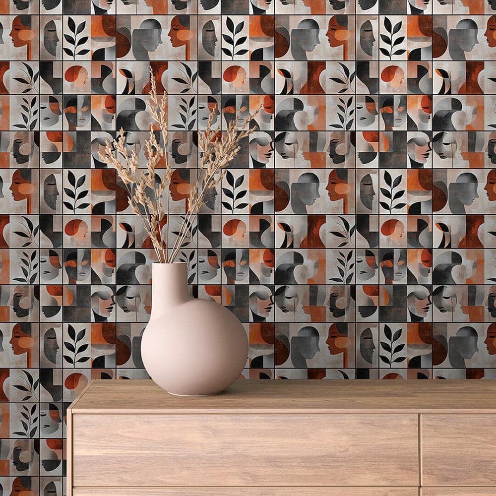 Silhouette Leaf Tile abstract wallpaper ABSTRACT 0011 – room view with charcoal, burnt orange and stone grey pattern