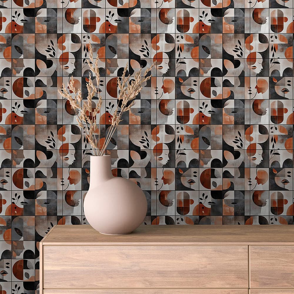 Cubist Portrait Tile abstract wallpaper ABSTRACT 0012 – room view with burnt orange, black, grey and blush pattern