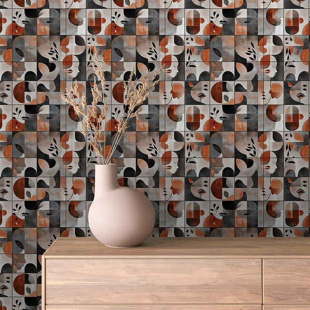 Cubist Portrait Tile abstract wallpaper ABSTRACT 0012 – room view with burnt orange, black, grey and blush pattern
