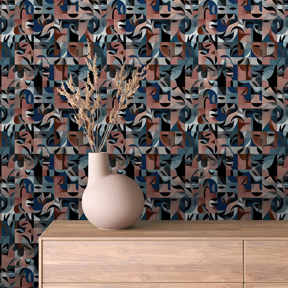 Midnight Cubist Mask abstract wallpaper ABSTRACT 0013 – room view with dusty rose, steel blue, navy and black pattern