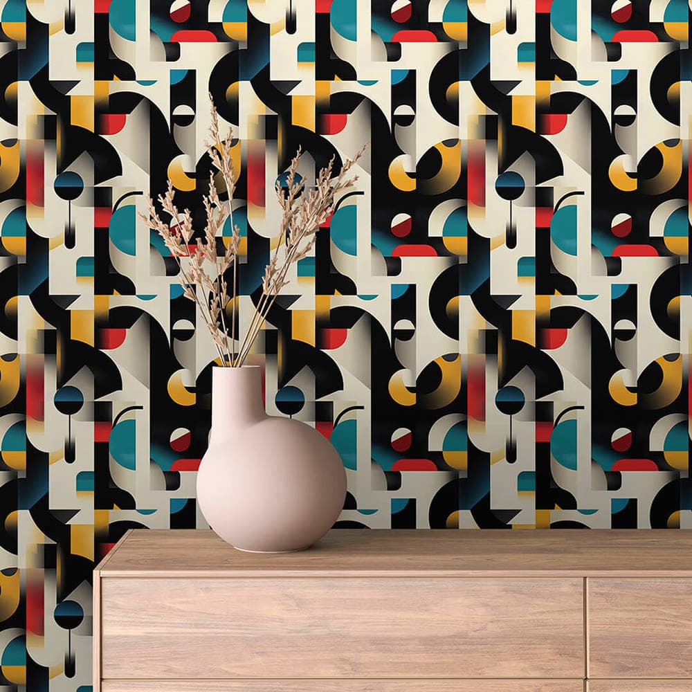 Bauhaus Gradient Geometry abstract wallpaper ABSTRACT 0015 – room view with black, cream, teal, red and mustard pattern