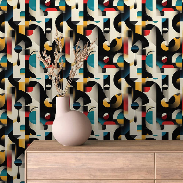 Bauhaus Gradient Geometry abstract wallpaper ABSTRACT 0015 – room view with black, cream, teal, red and mustard pattern