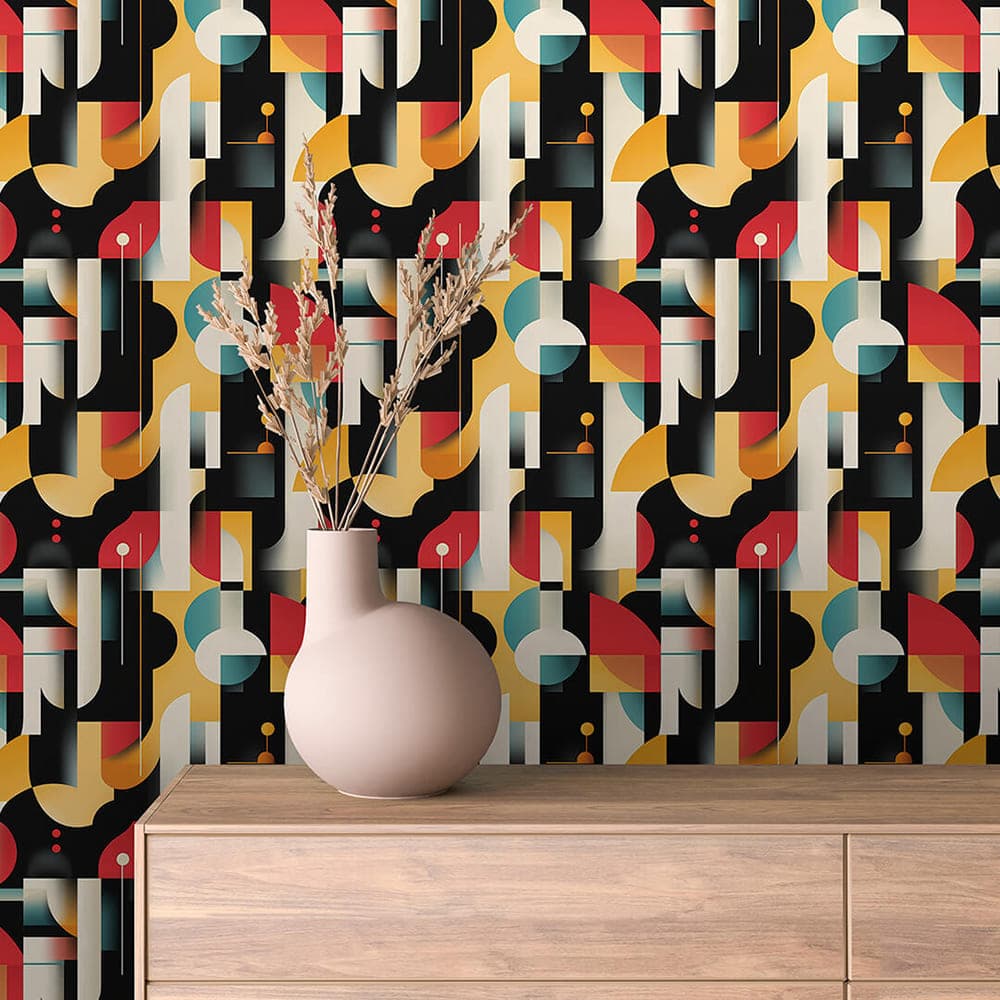 Art Deco Noir Geometry abstract wallpaper ABSTRACT 0017 – room view with black, mustard, red, teal and ivory pattern