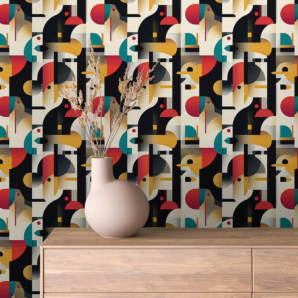 Geometric Bird Cubist abstract wallpaper ABSTRACT 0018 – room view with black, cream, mustard, teal and red pattern