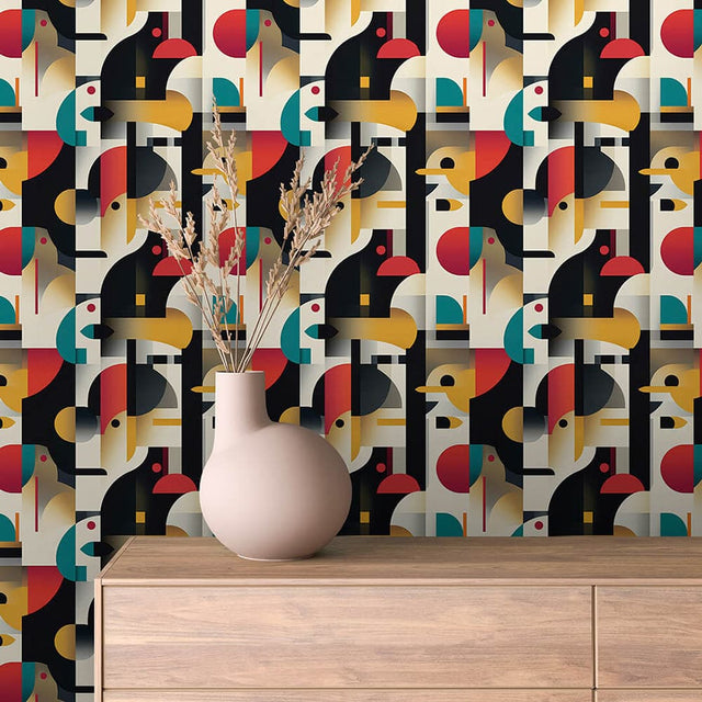 Geometric Bird Cubist abstract wallpaper ABSTRACT 0018 – room view with black, cream, mustard, teal and red pattern