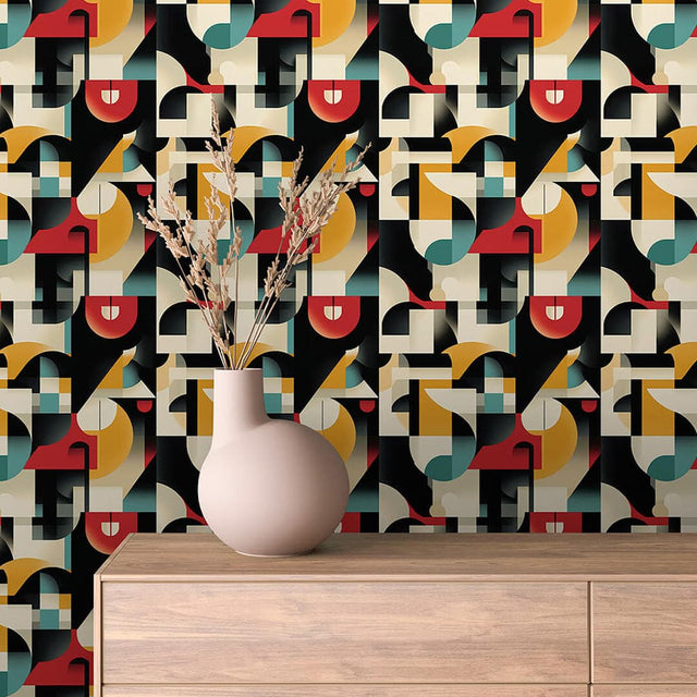 Midnight Bauhaus Collage abstract wallpaper ABSTRACT 0019 – room view with black, red, mustard, teal and cream pattern