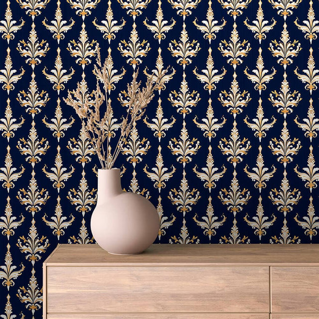 Beige and Navy Sketch Arabesque Wallpaper - ARABESQUE 0002