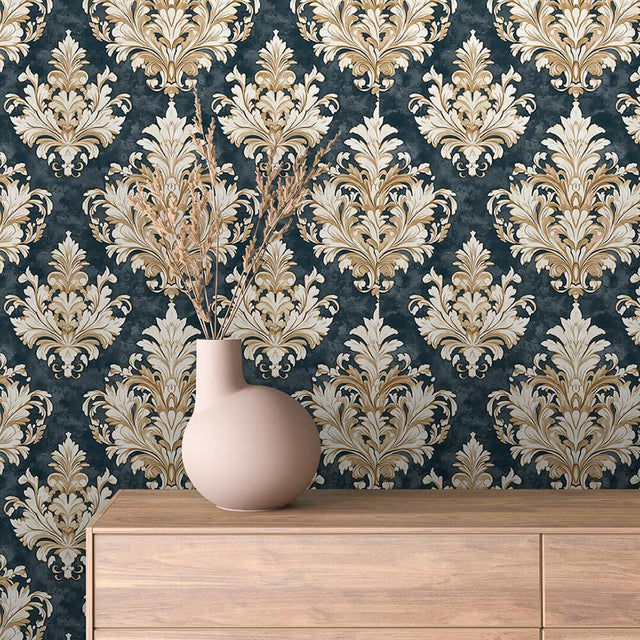 Vintage Green and Ivory Damask Wallpaper - ARABESQUE 0004