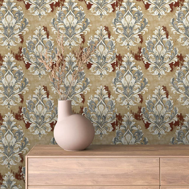 Charcoal Blue and Ivory Grand Damask Wallpaper - ARABESQUE 0005