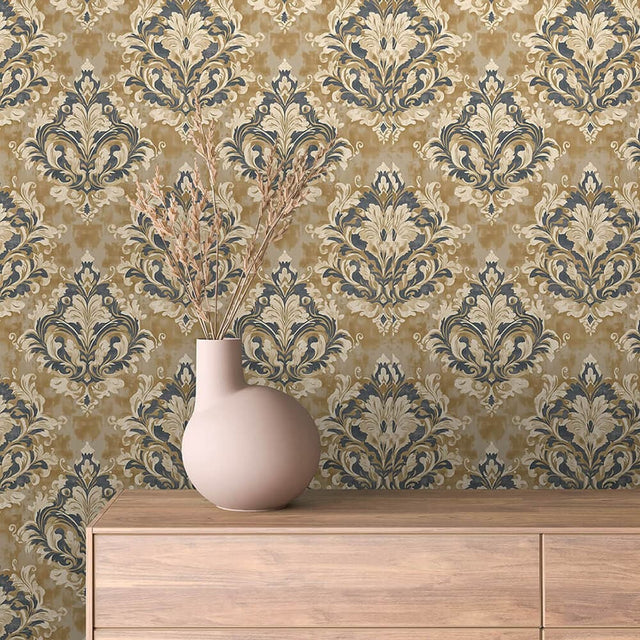Taupe and Ivory Classic Damask Wallpaper - ARABESQUE 0006