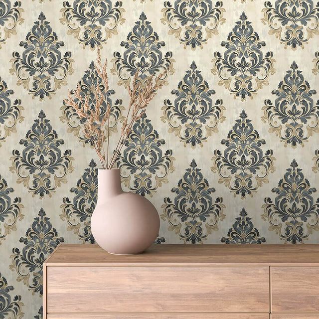 Antique Beige and Blue Damask Wallpaper - ARABESQUE 0007