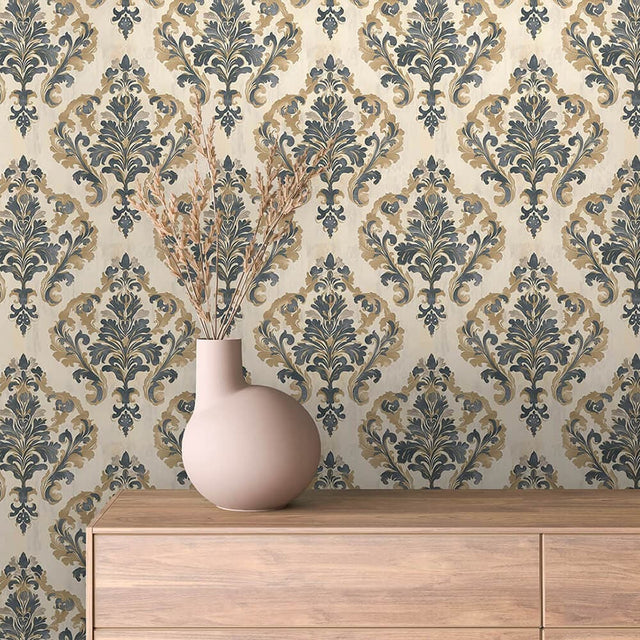 Warm Sand and Navy Ornamental Wallpaper - ARABESQUE 0008