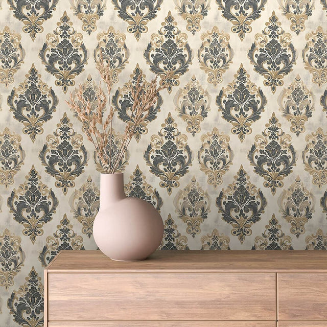 Ivory and Slate Blue Damask Wallpaper - ARABESQUE 0009