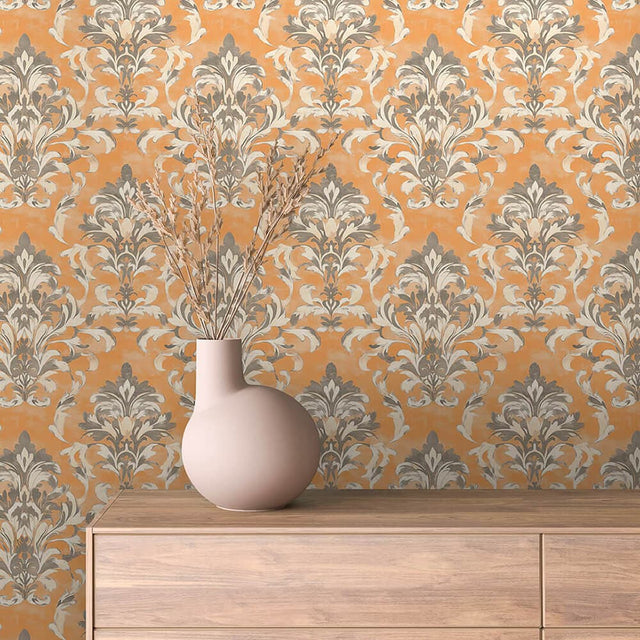 Ivory and Taupe Heritage Damask Wallpaper - ARABESQUE 0010