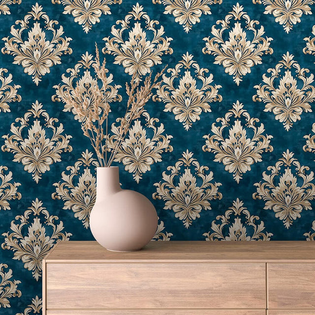 Distressed Navy and Antique Gold Damask Wallpaper - ARABESQUE 0015