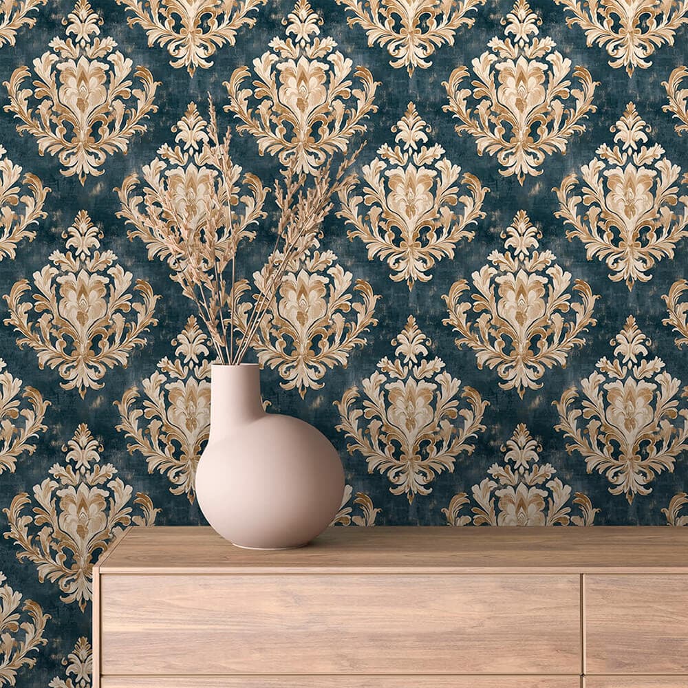 Teal Blue and Ivory Classic Damask Wallpaper - ARABESQUE 0016