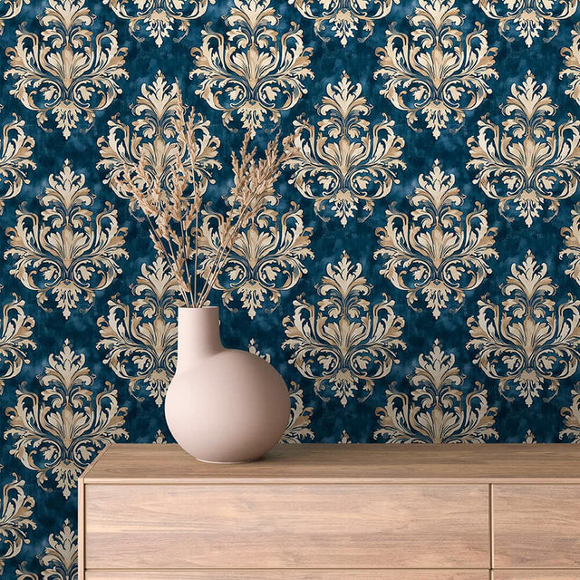 Blue and Ivory Grand Baroque Wallpaper - ARABESQUE 0017