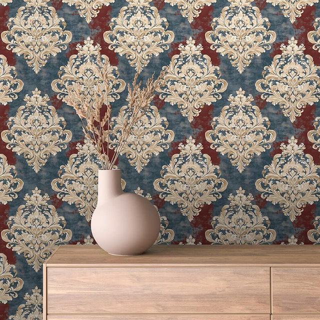 Slate Blue and Cream Ornamental Wallpaper - ARABESQUE 0018