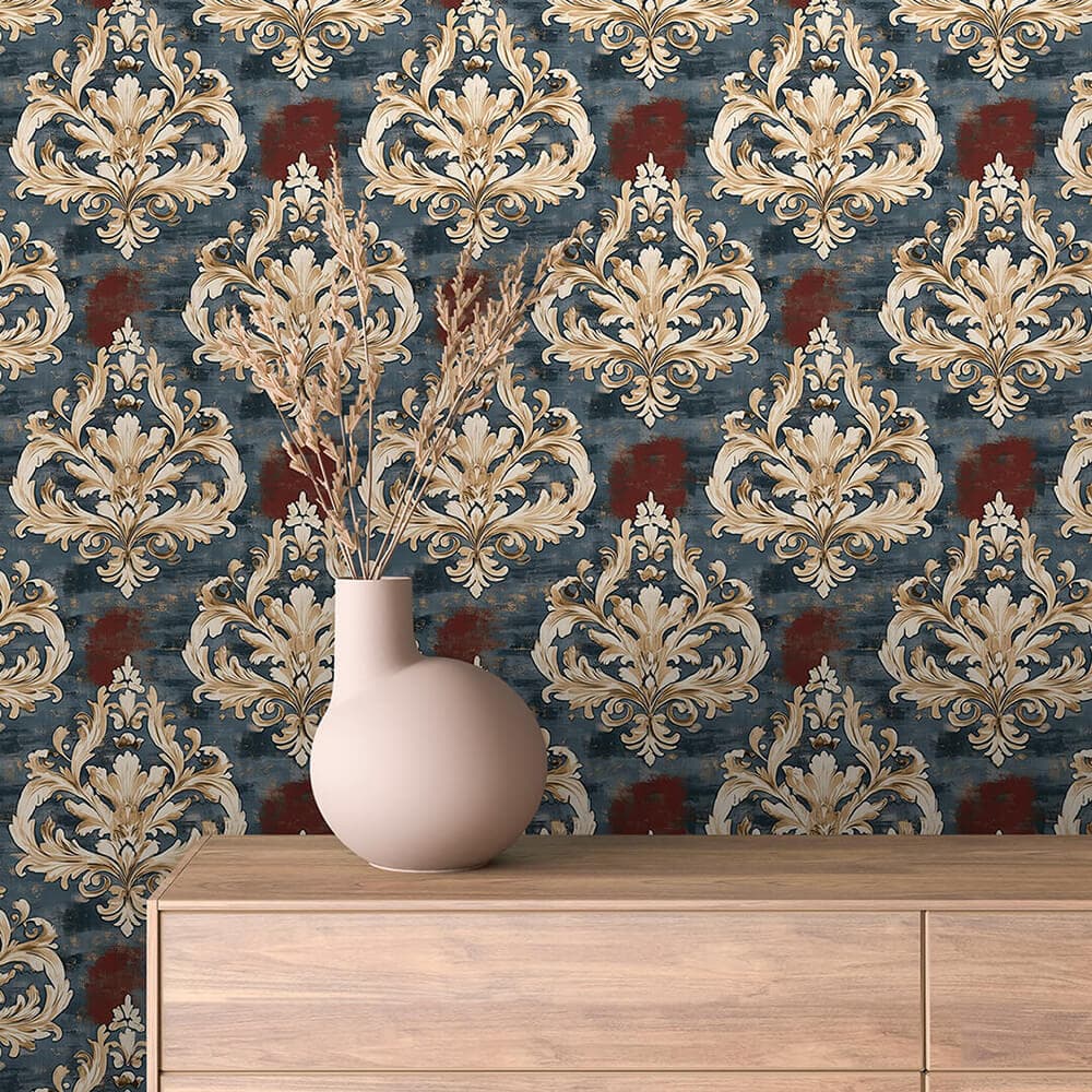 Burgundy and Slate Blue Damask Wallpaper - ARABESQUE 0019
