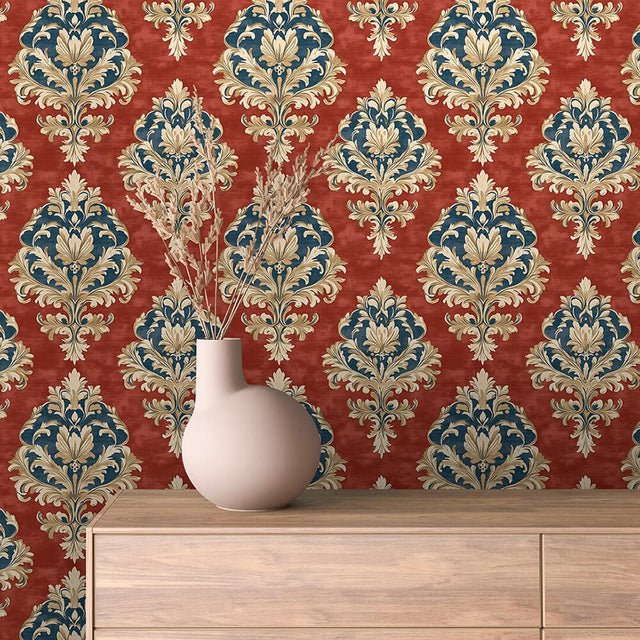 Classic Red and Navy Damask Wallpaper - ARABESQUE 0020