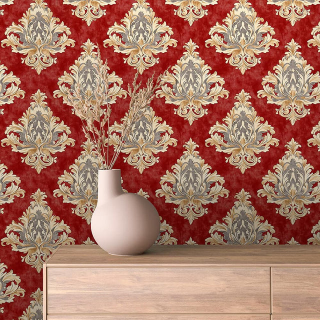Burgundy and Gold Ornamental Damask Wallpaper - ARABESQUE 0021