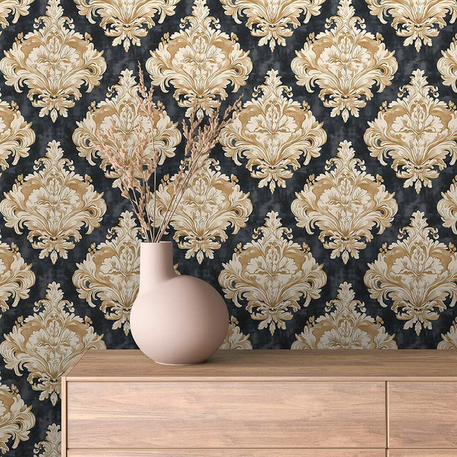 Charcoal and Gold Grand Damask Wallpaper - ARABESQUE 0023